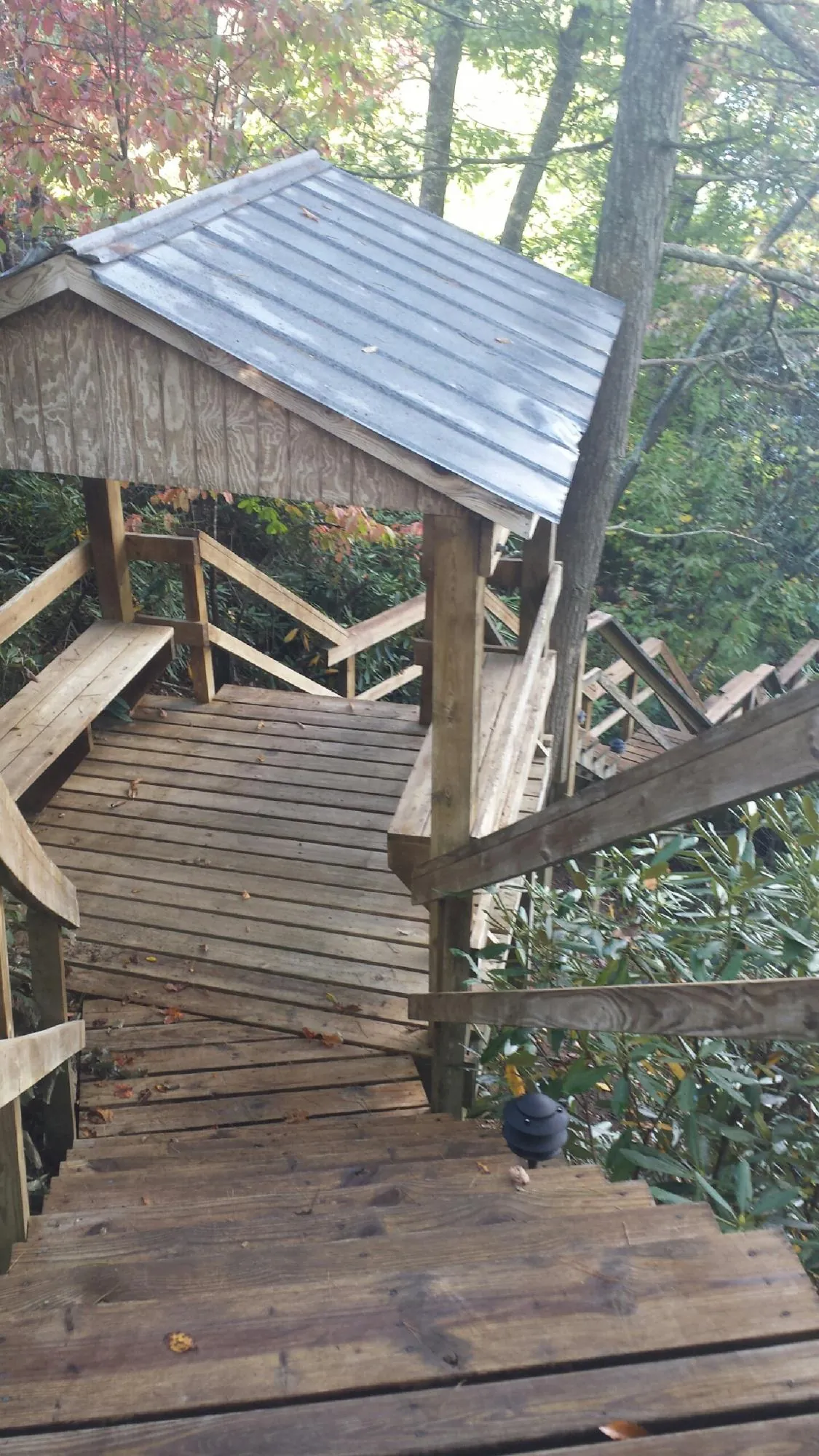 Metal roofed shelter over wooden steps on a wooded walkway — Skylight Repair & Installation work by our crew in Franklin